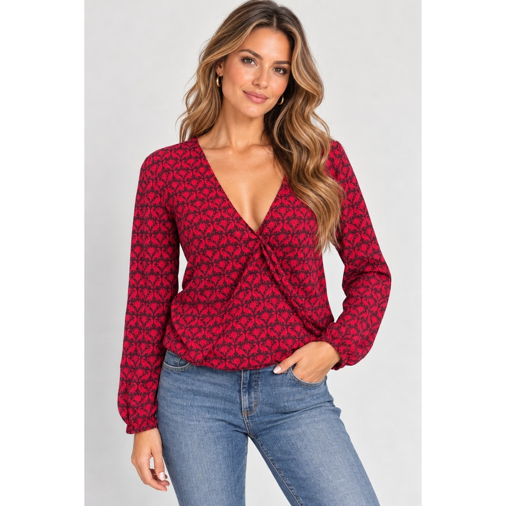 Woolrich Blouse Women XS Boho Bird Print V-Neck Blouson Red Burgundy Top